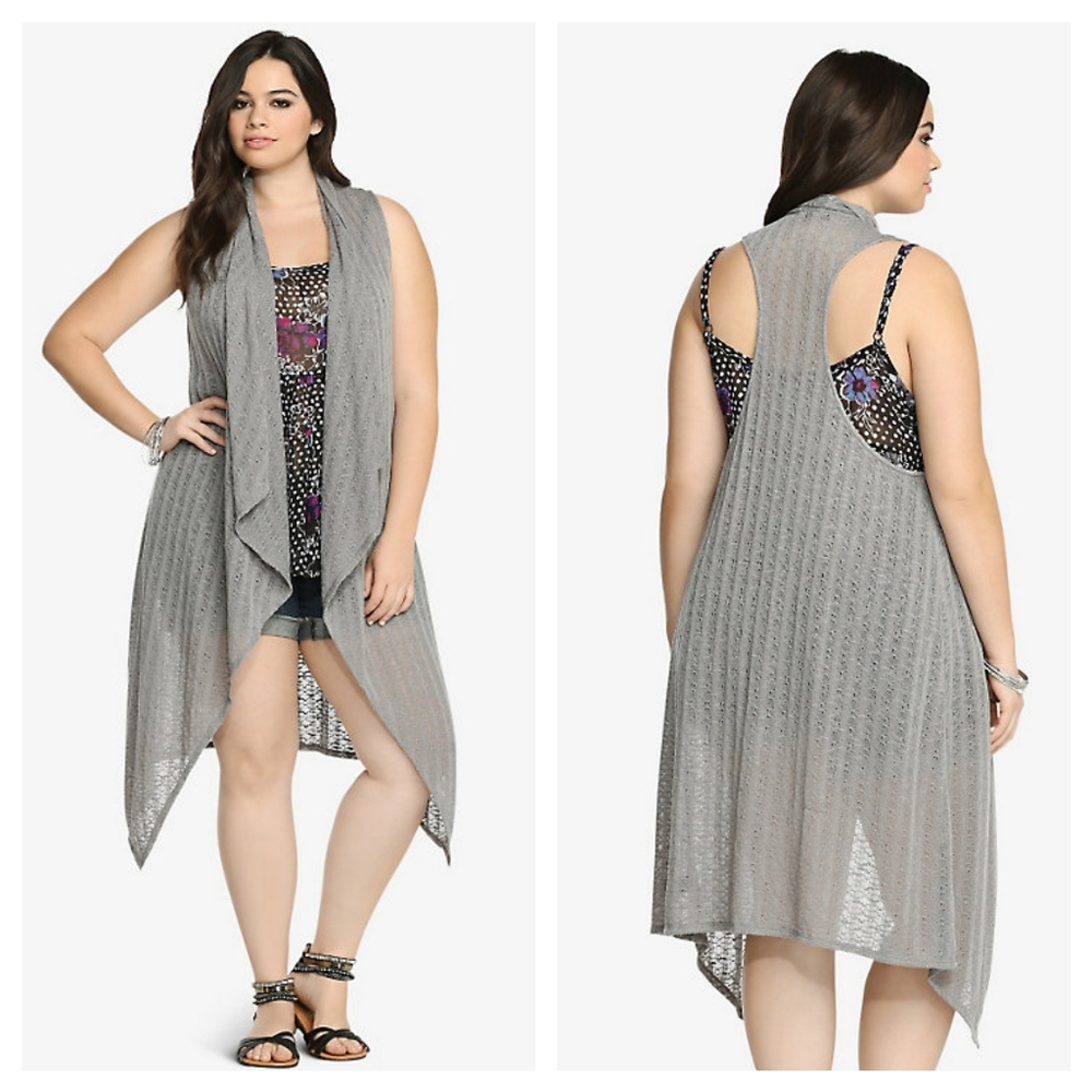 Torrid Pointelle Long Cardigan Vest Grey 0 0X